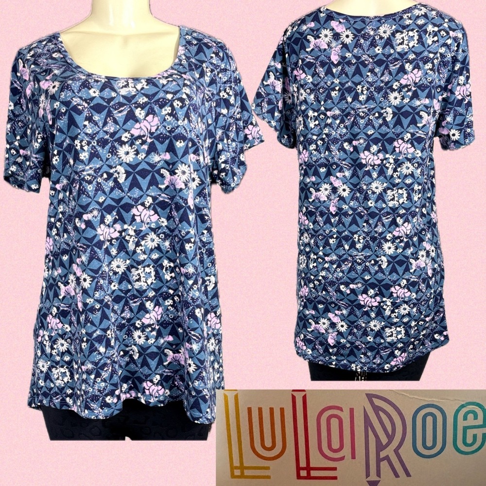 LuLaRoe XL Blue Pink Geometric Floral Scoop Neck Short Sleeve Step-Hem T-Shirt